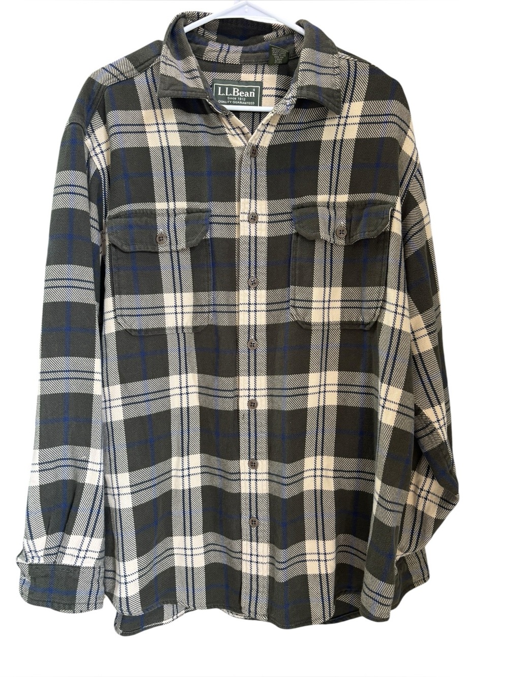 L.L.Bean Men's 100% Cotton Olive Cream & Navy Plaid Flannel Shirt Size Large